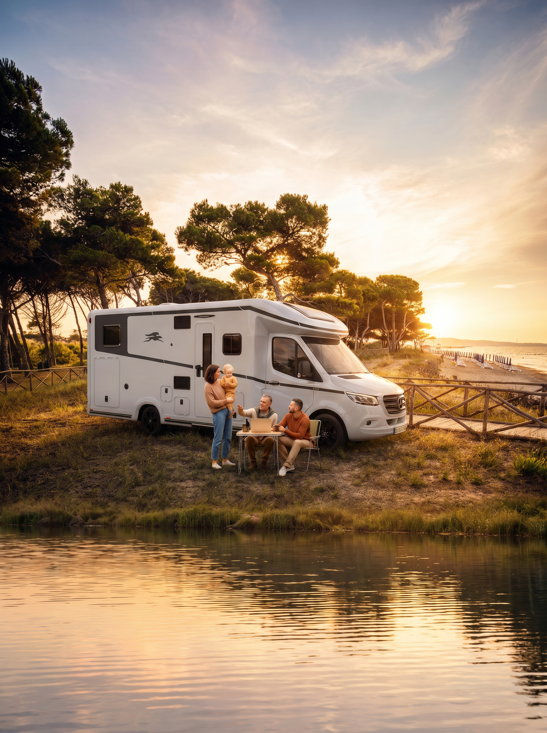 Familie vor einem Wohnwagen am See